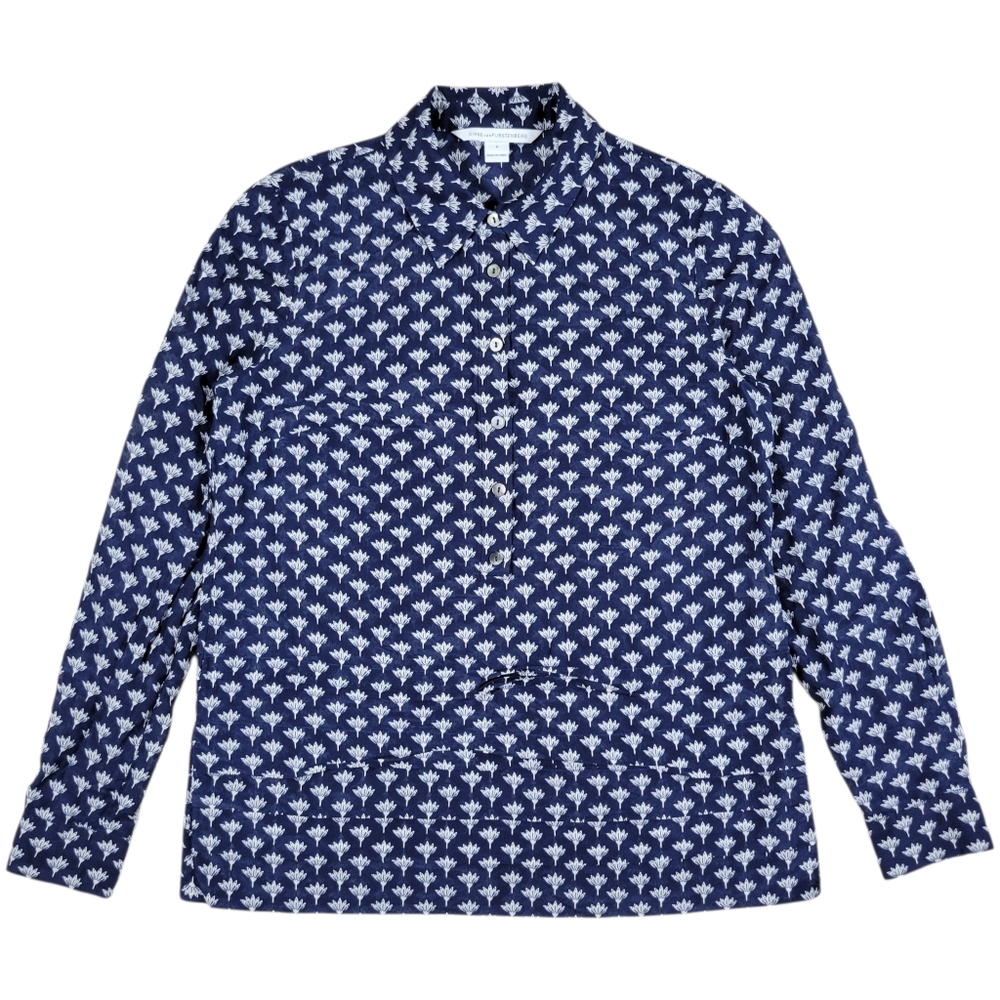 Diane Von Furstenberg Top Women 6 Navy Blue Print Cotton Silk Popover Semi Sheer